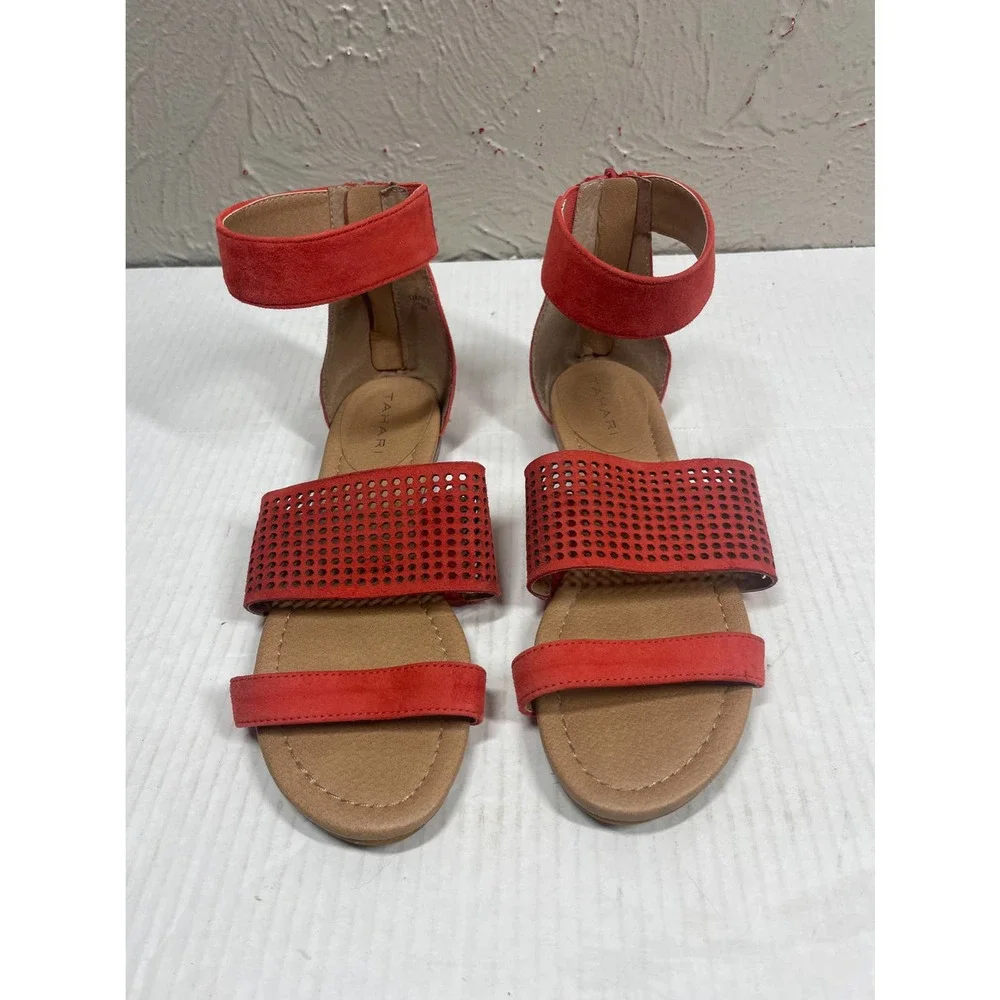Tahari Womens Dance Ankle Strap Sandals Coral Orange Laser Cut Flat Heel Zip 7.5